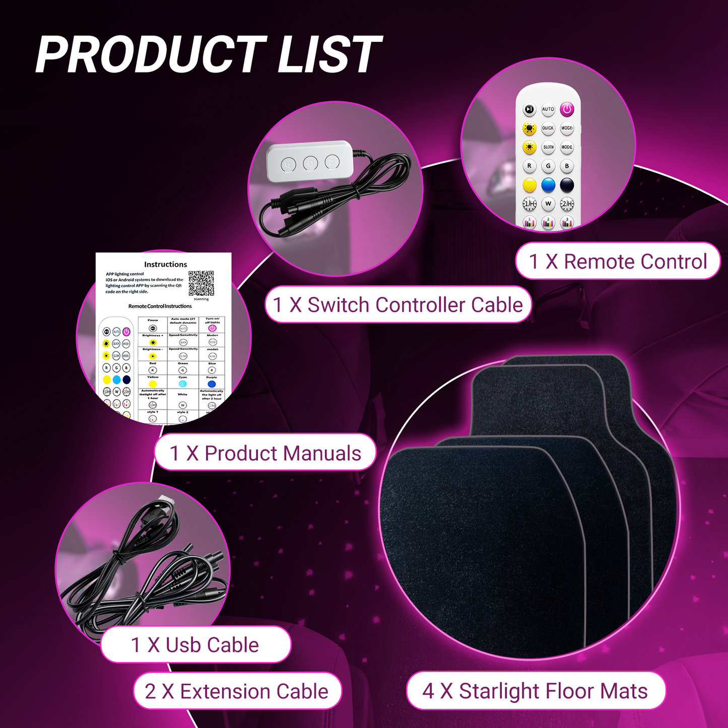 Starlight LED Car Floor Mats - Universal Fit, Starlinkmats Mats App-Controlled Fiber Optic Lights, Waterproof and Washable, Creates a Romantic Atmosphere for Dates